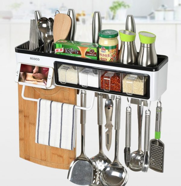 Wall Multifunctional Kitchen Organizer - Seasoning Storage Boxes with Shelf, Knives and Utensils Area