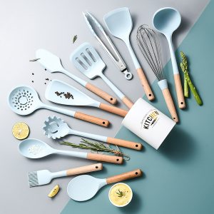 Silicone kitchen utensil set with wooden handle.