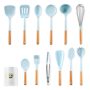Silicone kitchen utensil set with wooden handle.