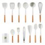 Silicone kitchen utensil set with wooden handle.